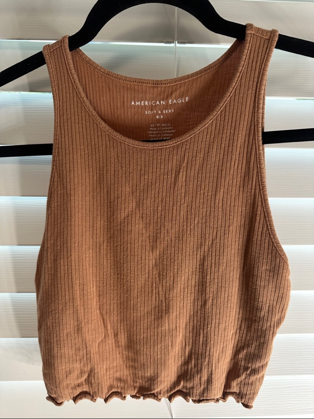 American Eagle Outfitters Cropped Ribbed Tank Top in Warm Brown
